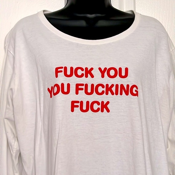 GILDAN 🖕🏾 WHITE/RED HEAVY COTTON LONG SLEEVE “F**K YOU…” FUNNY TSHIRT Men XXL 2X - Picture 2 of 7